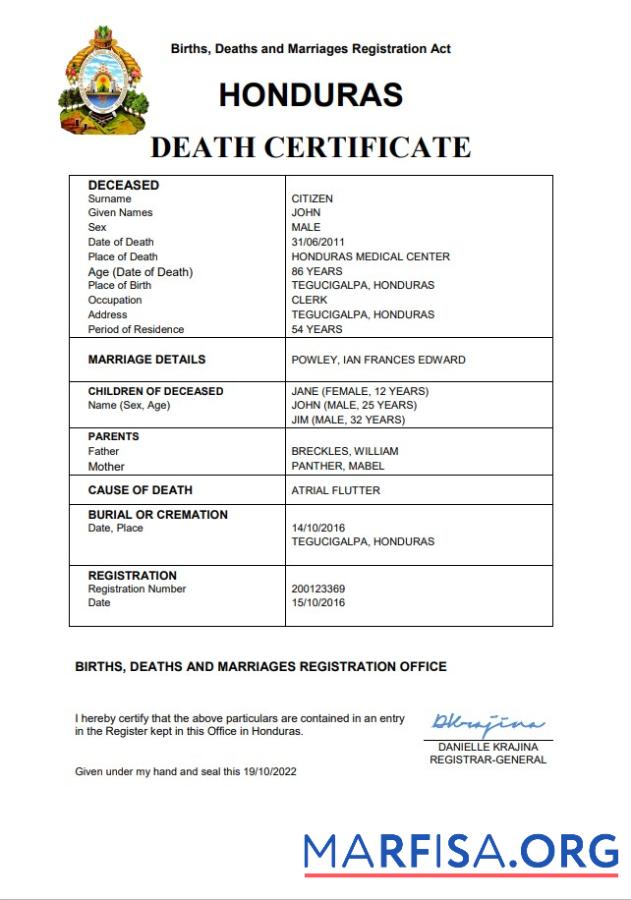 Printable Honduras vital record death certificate Word and PDF template